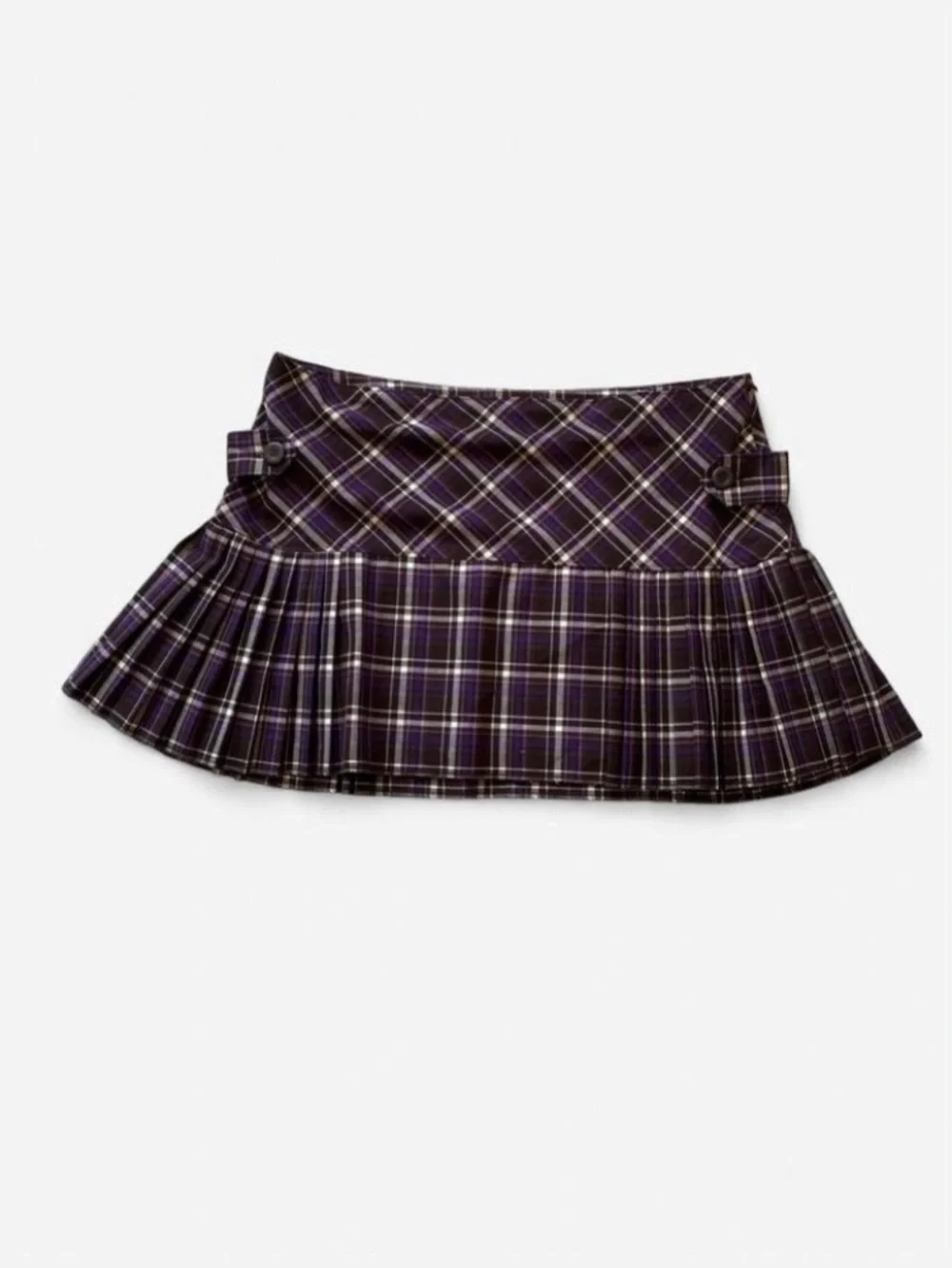 Y2k NOBO Purple & Brown Plaid Pleated Mini Skirt with Button Detailing